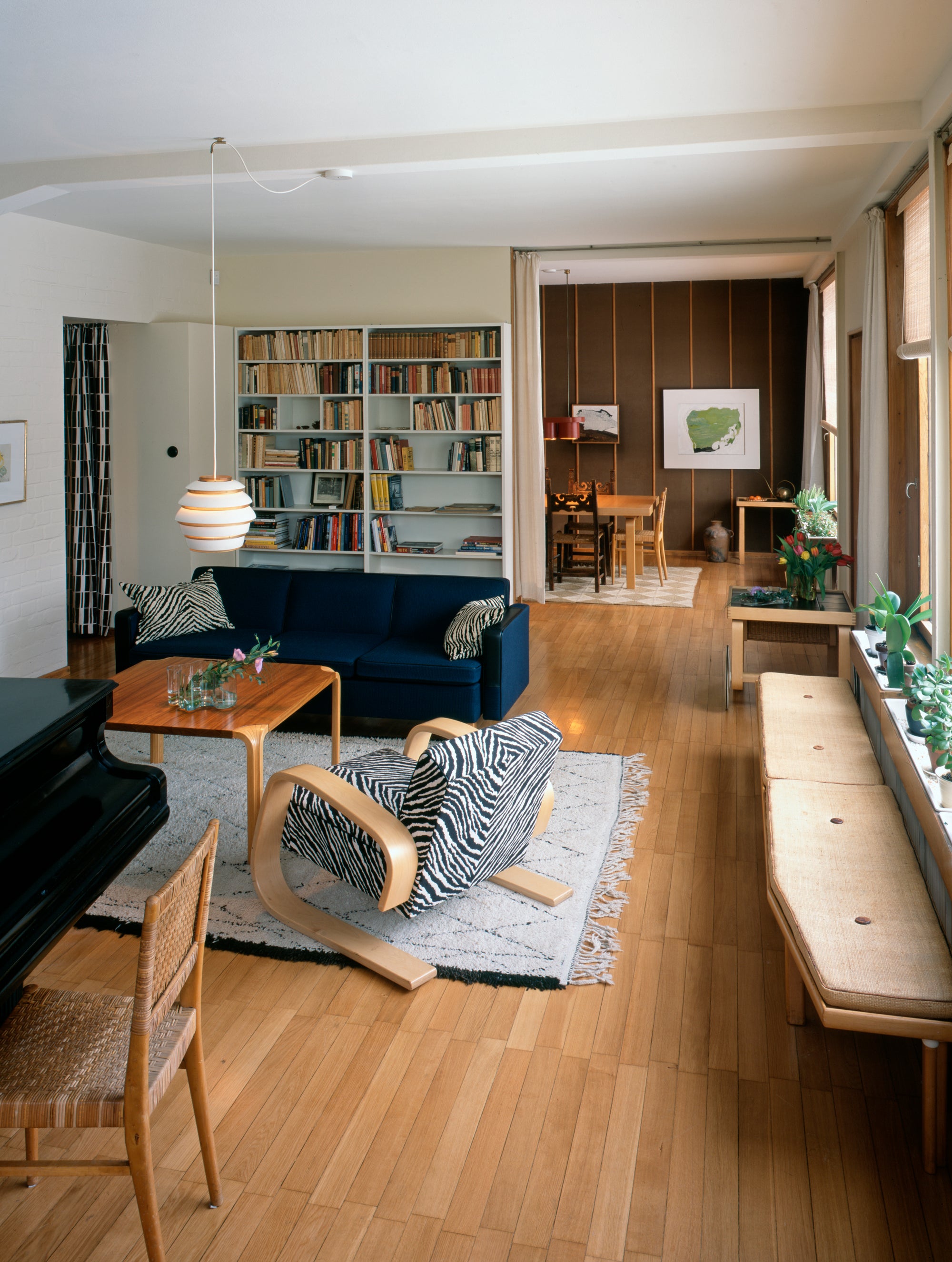 The Aalto house in Finland where Alvar Aalto lived with his wife Aino and also his second wife Elisse. The living room is open-plan. It is now a museum. Photography provided by the Alvar Aalto Foundation