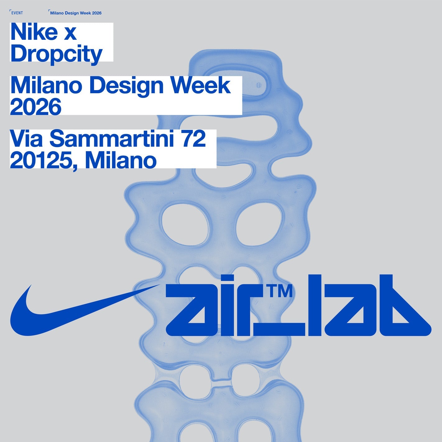 Advertisement for Nike x Dropcity event at Milano Design Week 2026 with Nike logo and 'air lab' text.