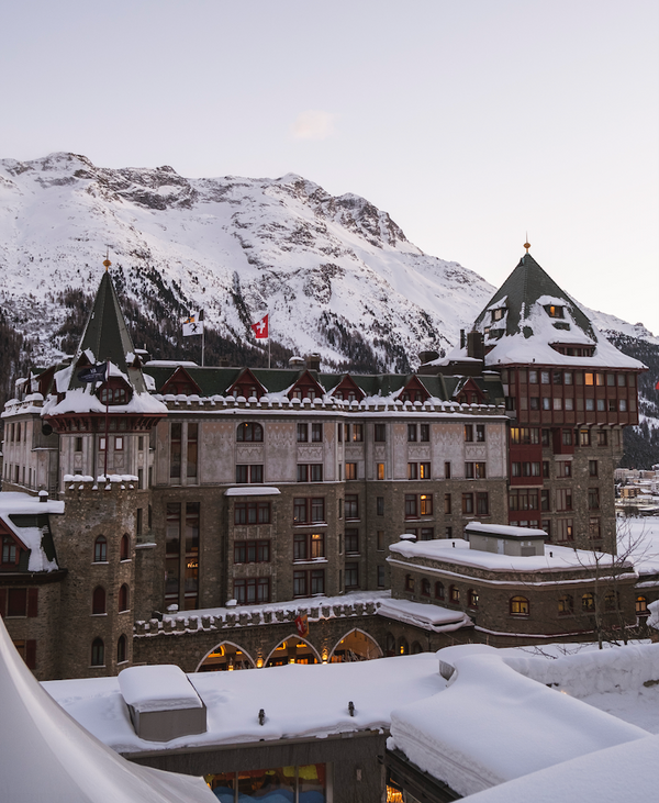 The exterior of the storied Badrutt's Palace Hotel in St. Moritz Switzerland