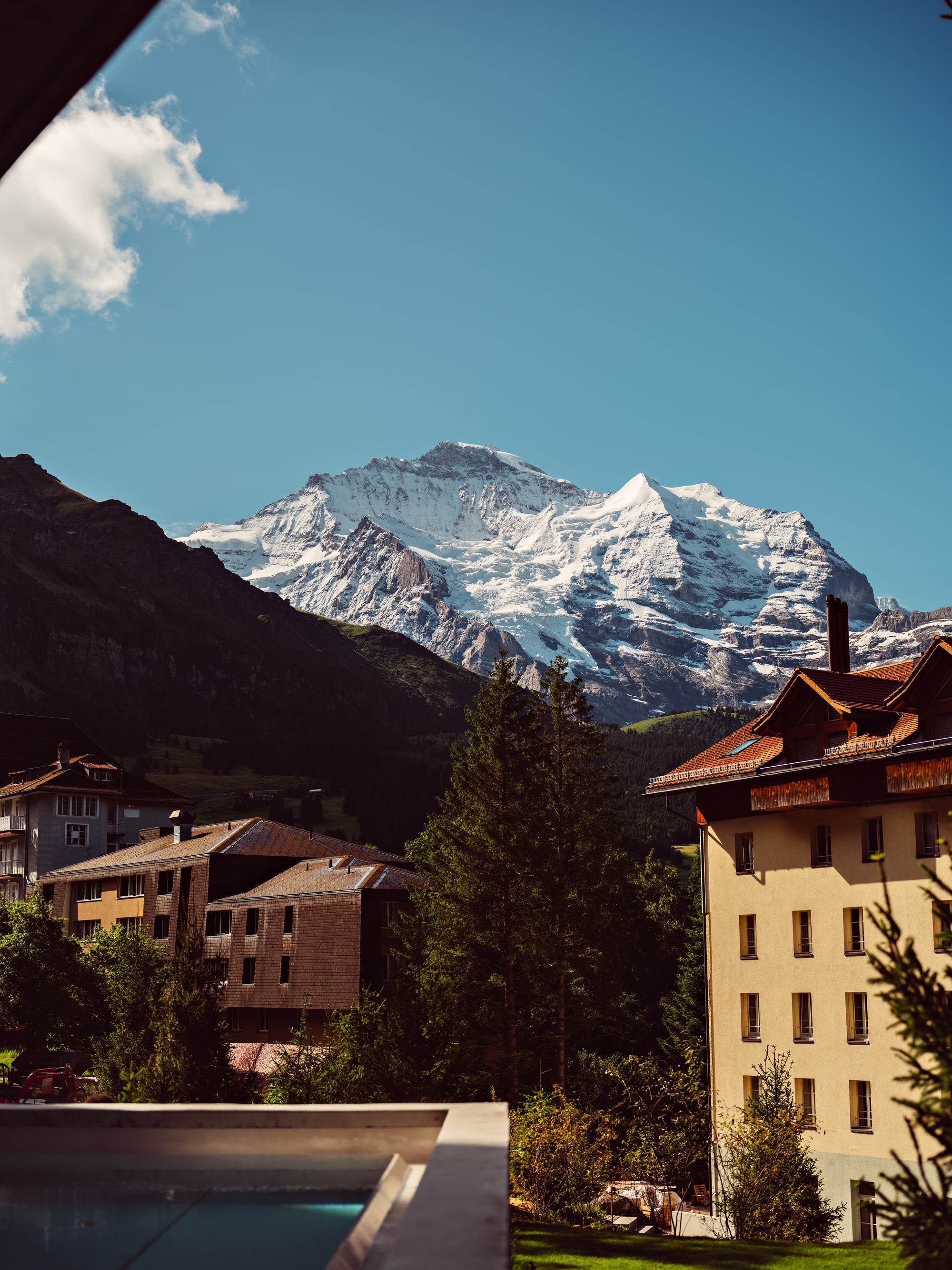 A view of the Swiss Alps from the Grand Hotel Belvedere in Wengen. It is Wengen's first five-star hotel.