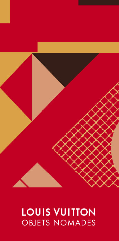 Louis Vuitton exhibition press preview flyer with geometric shapes on a red background