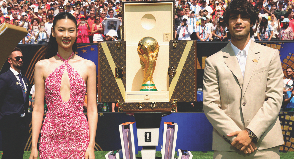 Louis Vuitton Ambassadors  Carlos Alcaraz and  Hoyeon presents the FIFA World Cup Trophy Trunk