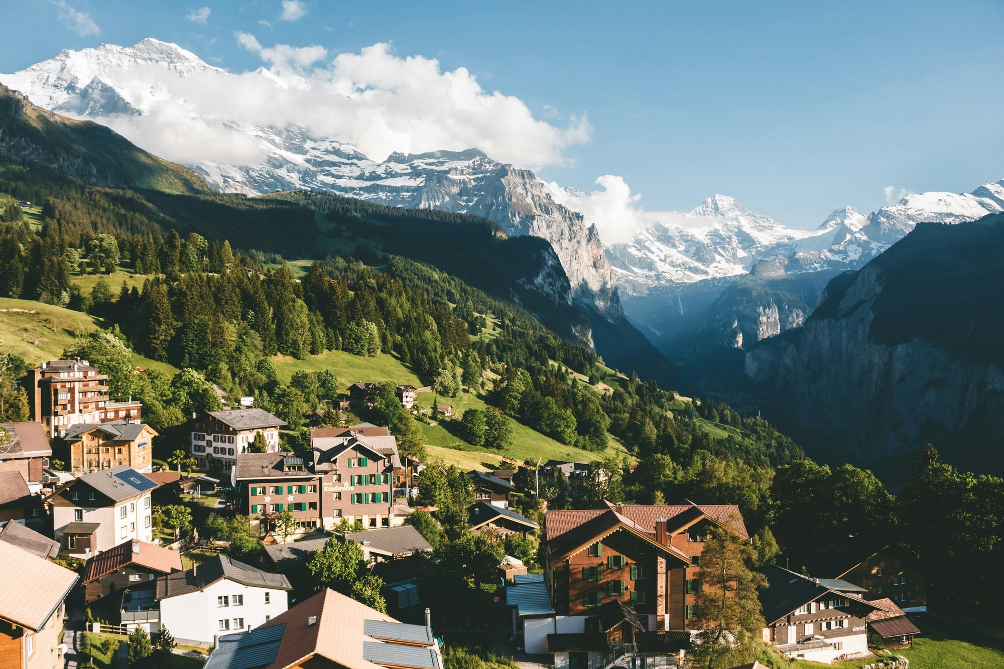 An arial view of Wengen in the Swiss Alps.